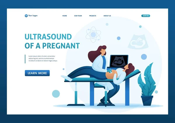 El médico hace una ecografía de una mujer embarazada, examinando el feto en el útero. Carácter 2D plano. Conceptos de landing page y diseño web — Archivo Imágenes Vectoriales