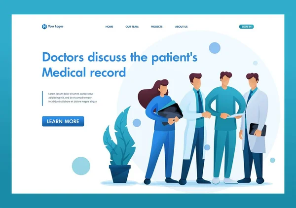 Los médicos discuten la condición del paciente, estudian la historia clínica. Carácter 2D plano. Conceptos de landing page y diseño web — Archivo Imágenes Vectoriales