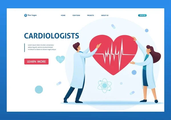 Los cardiólogos jóvenes sostienen un corazón con un ECG en las manos. Carácter 2D plano. Conceptos de landing page y diseño web — Archivo Imágenes Vectoriales