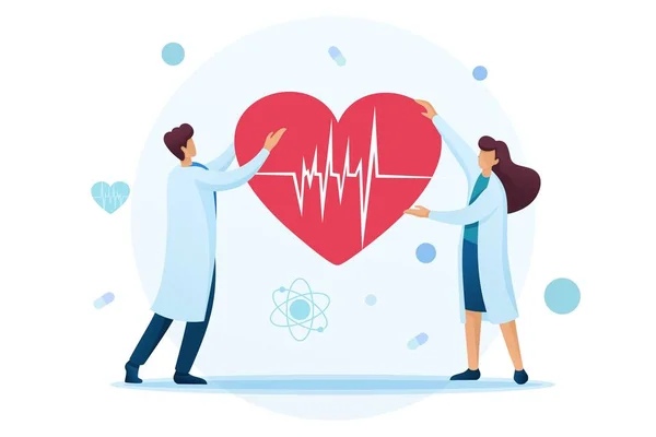 I giovani cardiologi hanno un cuore con un ECG in mano. Carattere piatto 2D. Concetto per il web design — Vettoriale Stock