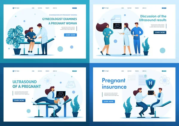 Set 2D Conceptos planos Examen de la gestante y manejo del embarazo. Para conceptos de Landing page y diseño web — Archivo Imágenes Vectoriales