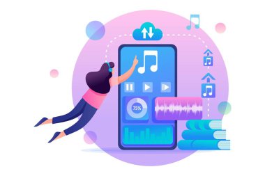 İnternette akıllı telefon kullanarak sesli kitap dinleyen bir kız. Düz 2D karakter. Web tasarımı için kavram