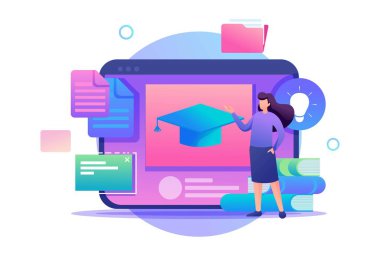 Kız, tablet ekranın yanında eğitim materyalleri ve uzaktan eğitimle duruyor. Düz 2D karakter. Web tasarımı için kavram