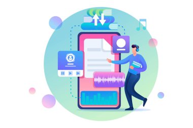 Genç adam elektronik kütüphanesini seviyor, yeni e-kitaplar indiriyor. Düz 2D karakter. Web tasarımı için kavram