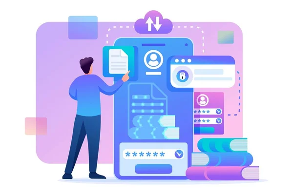 Jovem descarrega e-books para o seu smartphone. Caráter 2D plano. Conceito para web design —  Vetores de Stock
