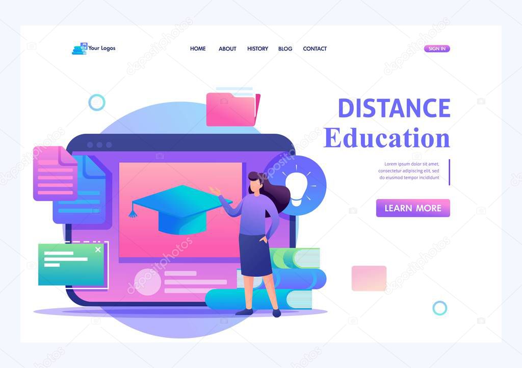 Girl stands next to the tablet screen with educational materials, distance education. Flat 2D character. Landing page concepts and web design