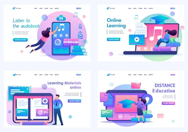 Set 2D Flat concepts distance learning and self-education. For Landing page concepts and web design — Stock Vector