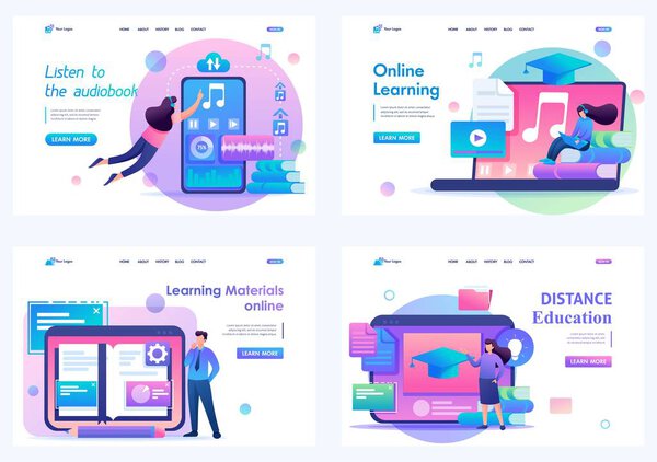 Set 2D Flat concepts distance learning and self-education. For Landing page concepts and web design