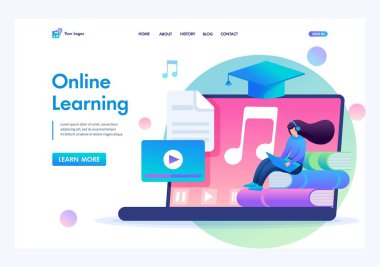 Ses dersleri dinleyen, online eğitim alan bir kız. Düz 2D karakter. İniş sayfası kavramları ve web tasarımı