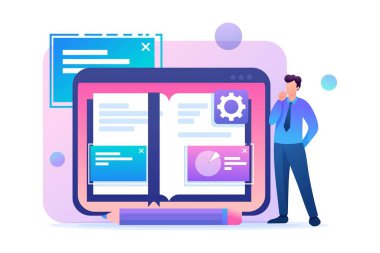 Genç adam derslerin materyallerini elektronik formda öğreniyor. Düz 2D karakter. Web tasarımı için kavram