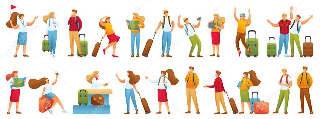 Large set of 2D characters, tourists on vacation, at the airport, on excursions. For Vector illustrations
