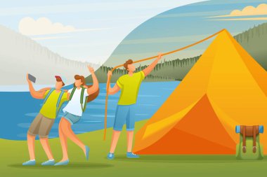Gençler tatillerini aktif olarak ormanda geçirir, gölün üzerinde bir çadır kurarlar. Düz 2D karakter. Web tasarımı için kavram