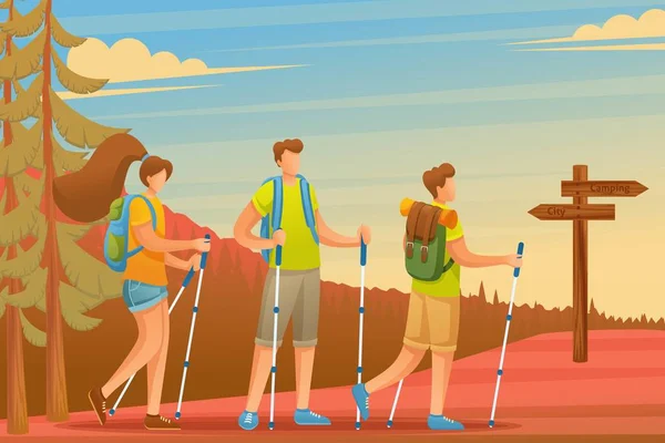Die jungen Leute verbringen die Ferien aktiv beim Nordic Walking im Wald. flache 2D-Zeichen. Konzept für Webdesign — Stockvektor