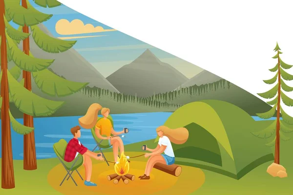 Kamp yapan bir grup genç, ormanda ateşin yanında oturuyorlar düz 2D karakterli. Web tasarımı için kavram — Stok Vektör