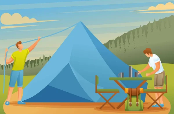 Jugendliche auf dem Zeltplatz bauen Zelte auf und bereiten Essen zu. Vektorillustration. flache 2D-Zeichen — Stockvektor
