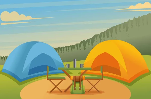 Camping en el bosque, tiendas de campaña y una mesa con sillas en un hermoso prado. Ilustración vectorial — Vector de stock
