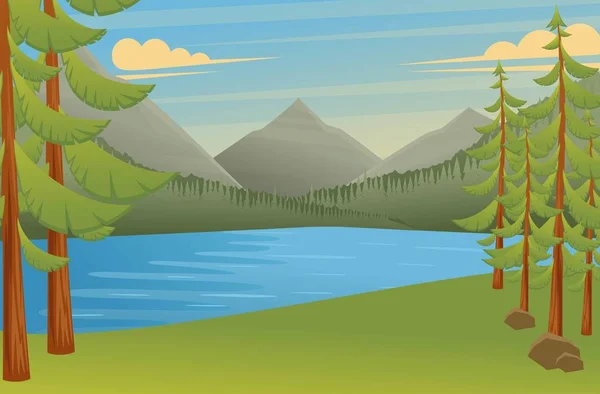 Paisaje forestal, un gran lugar para acampar, hermosas vistas del lago y las montañas. Ilustración vectorial — Vector de stock