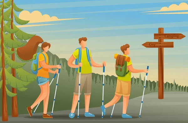 Los jóvenes pasan activamente las vacaciones, los nórdicos caminando por el bosque. Ilustración vectorial. Carácter plano 2D — Vector de stock