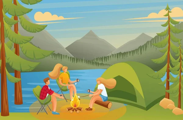 Groupe de jeunes dans un camping, assis près d'un feu dans les bois.. Appartement caractère 2D — Image vectorielle