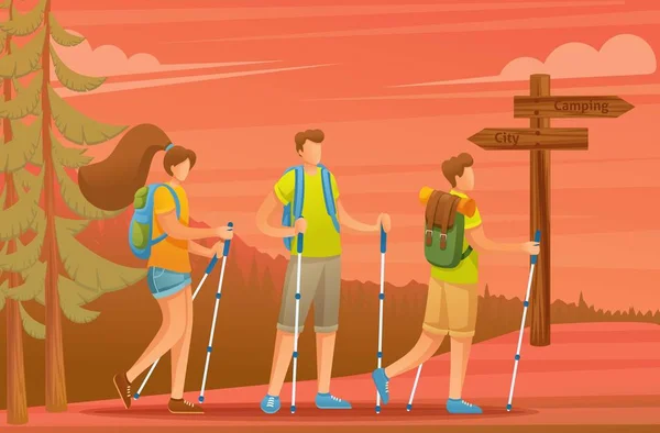 Die jungen Leute verbringen die Ferien aktiv beim Nordic Walking im Wald bei Sonnenuntergang. Vektorillustration. flache 2D-Zeichen — Stockvektor
