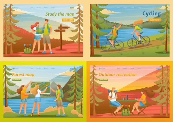 Set 2D Conceptos planos actividades al aire libre, camping para jóvenes. Para conceptos de Landing page y diseño web — Vector de stock