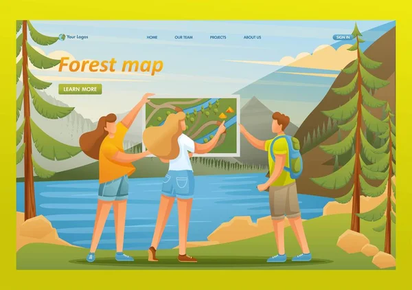 Os jovens estão estudando um mapa no lago na floresta, acampando. Caráter 2D plano. Conceitos de landing page e web design — Vetor de Stock