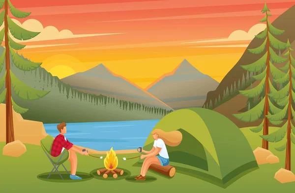 Ungdomar runt elden steker marshmallows, vacker natur, tält, camping. Platt 2d karaktär. Koncept för landningssida och webbdesign — Stock vektor