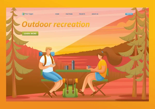 I giovani godono il tramonto nella foresta, campeggio. Carattere piatto 2D. Concetti di Landing page e web design — Vettoriale Stock