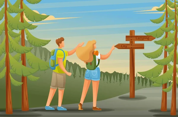 I giovani utilizzano la navigazione forestale sotto forma di puntatori, campeggio. Carattere piatto 2D. Illustrazione vettoriale — Vettoriale Stock