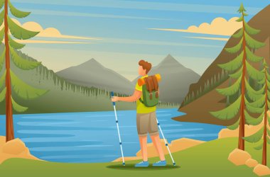 Young man admires the beauty of nature on the lake. Flat 2D character. Vector illustration