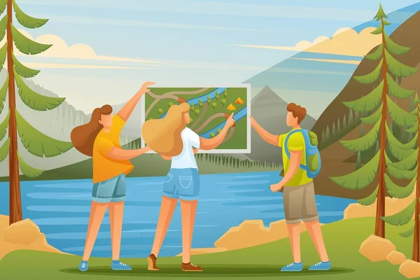 Junge Leute studieren eine Landkarte über den See im Wald, zelten. flache 2D-Zeichen. Konzept für Webdesign — Stockvektor