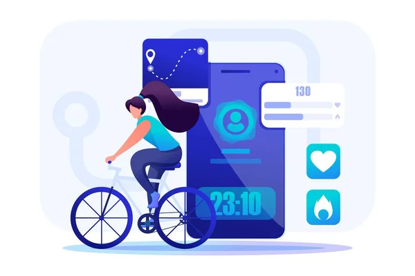 Jong meisje Fietsen, mobiele app om uw trainingen te volgen. Plat 2de personage. Concept voor webdesign — Stockvector