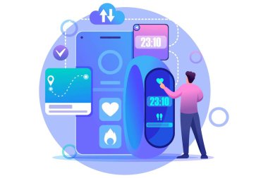 Adam Fitness bilekliği kullanıyor, akıllı saat programını ayarlıyor. Düz 2D karakter. Web tasarımı için kavram