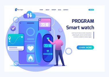 Man uses Fitness bracelet, adjusts smart watch program. Flat 2D character. Landing page concepts and web design