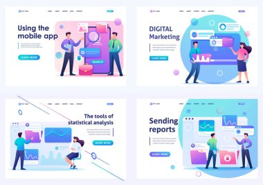 Set 2D Flat concepts young people using mobile apps for gadgets. For Landing page concepts and web design