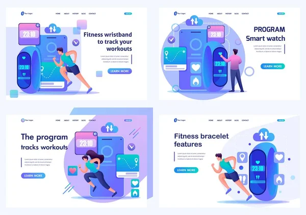 Set 2D Flat Use the mobile app to track your workouts. Athletes use fitness bracelets. For Landing page concepts and web design — 图库矢量图片