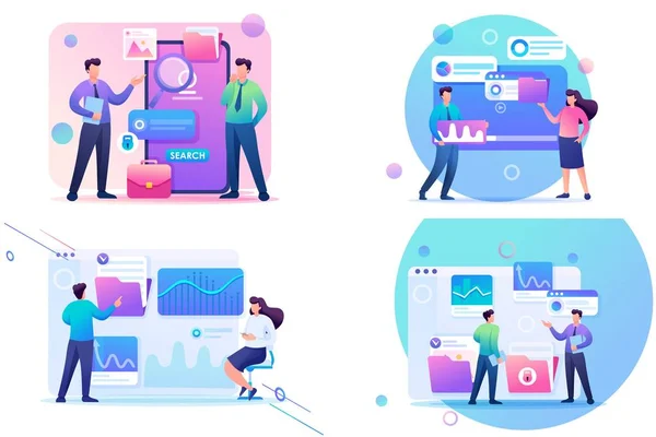 Set 2D Flat concepts young people using mobile apps for gadgets. For Concept for web design — ストックベクタ