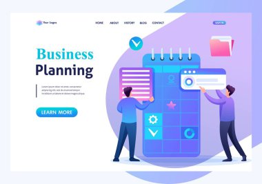 Genç girişimciler bu ay için iş planlaması hazırlığı yapmakla meşguller. Düz 2D karakter. İniş sayfası kavramları ve web tasarımı