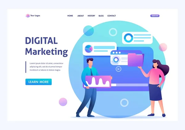 Los jóvenes empresarios insisten en los datos para el marketing digital, la publicidad en Internet. Carácter 2D plano. Conceptos de landing page y diseño web — Vector de stock