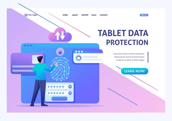 Junger Mann bietet Datenschutz auf Tablet, Antivirus-Einstellungen. Flache 2d Zeichen. Landing Page Konzepte und Webdesign — Stockvektor