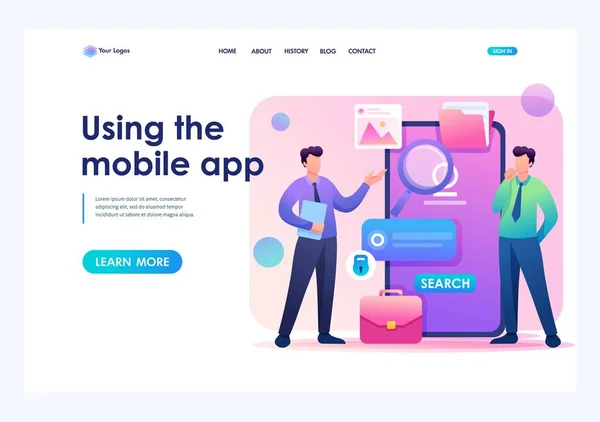 Os jovens usam o aplicativo móvel para procurar informações. Caráter 2D plano. Conceitos de landing page e web design — Vetor de Stock