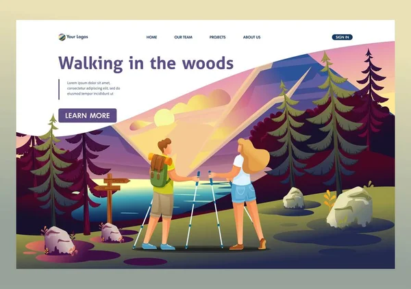 Jovens caminhando na floresta, acampando a pé nórdico. Caráter 2D plano. Conceitos de landing page e web design —  Vetores de Stock