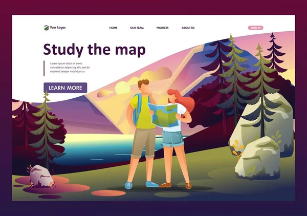 Young people study the map of the forest, camping. Flat 2D character. Landing page concepts and web design — Stock Vector