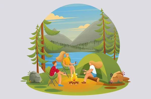 Jovens perto de um incêndio na floresta no fundo de um lago, acampar. Caracteres 2D planos. Conceito para web design —  Vetores de Stock