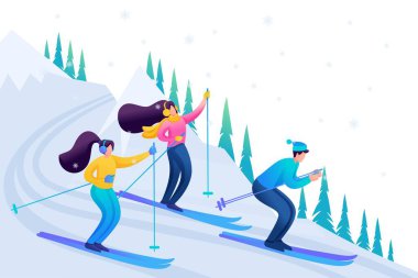 Gençler kayak yapar, dağlarda dinlenir, arkadaşlık kurar. Düz 2D karakter. Web tasarımı için kavram
