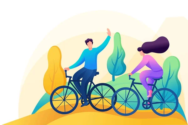 Freunde fahren Fahrrad im Wald, Erholung, Unterhaltung, Spaziergänge, Freundschaft. Flache 2d Zeichen. Konzept für Webdesign — Stockvektor