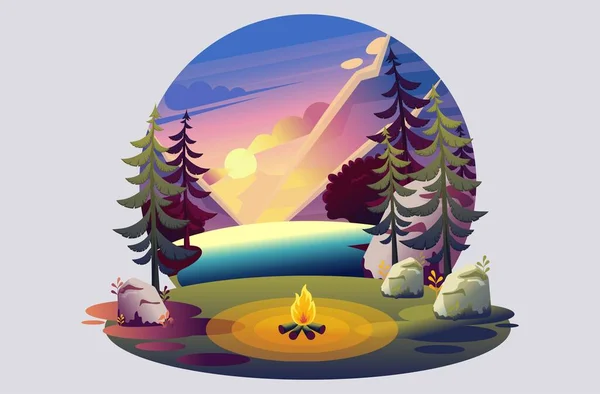 Ilustração brilhante de um parque de campismo, um incêndio no fundo do pôr do sol no lago. Caráter 2D plano. Conceito para web design —  Vetores de Stock