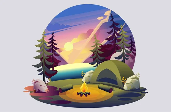 Ilustração brilhante de um parque de campismo, uma tenda com um incêndio no fundo do pôr do sol no lago. Caráter 2D plano. Conceito para web design —  Vetores de Stock