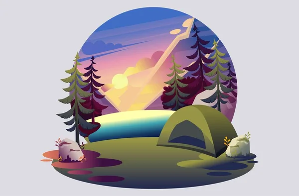 Bright illustration of outdoor recreation, camping, friends near the fire. Flat 2D character. Concept for web design and Landing page