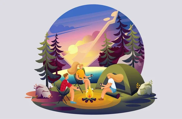 Ilustração brilhante de recreação ao ar livre, camping, amigos perto do fogo. Caráter 2D plano. Conceitos de landing page e web design —  Vetores de Stock